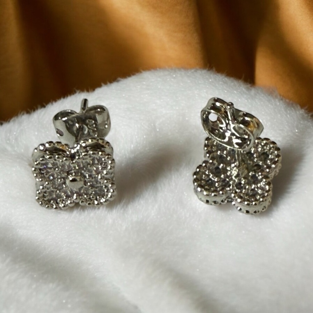 Set of 2 Pairs of Clover Theme Rhodium Electroplated With Cz Stones Earrings